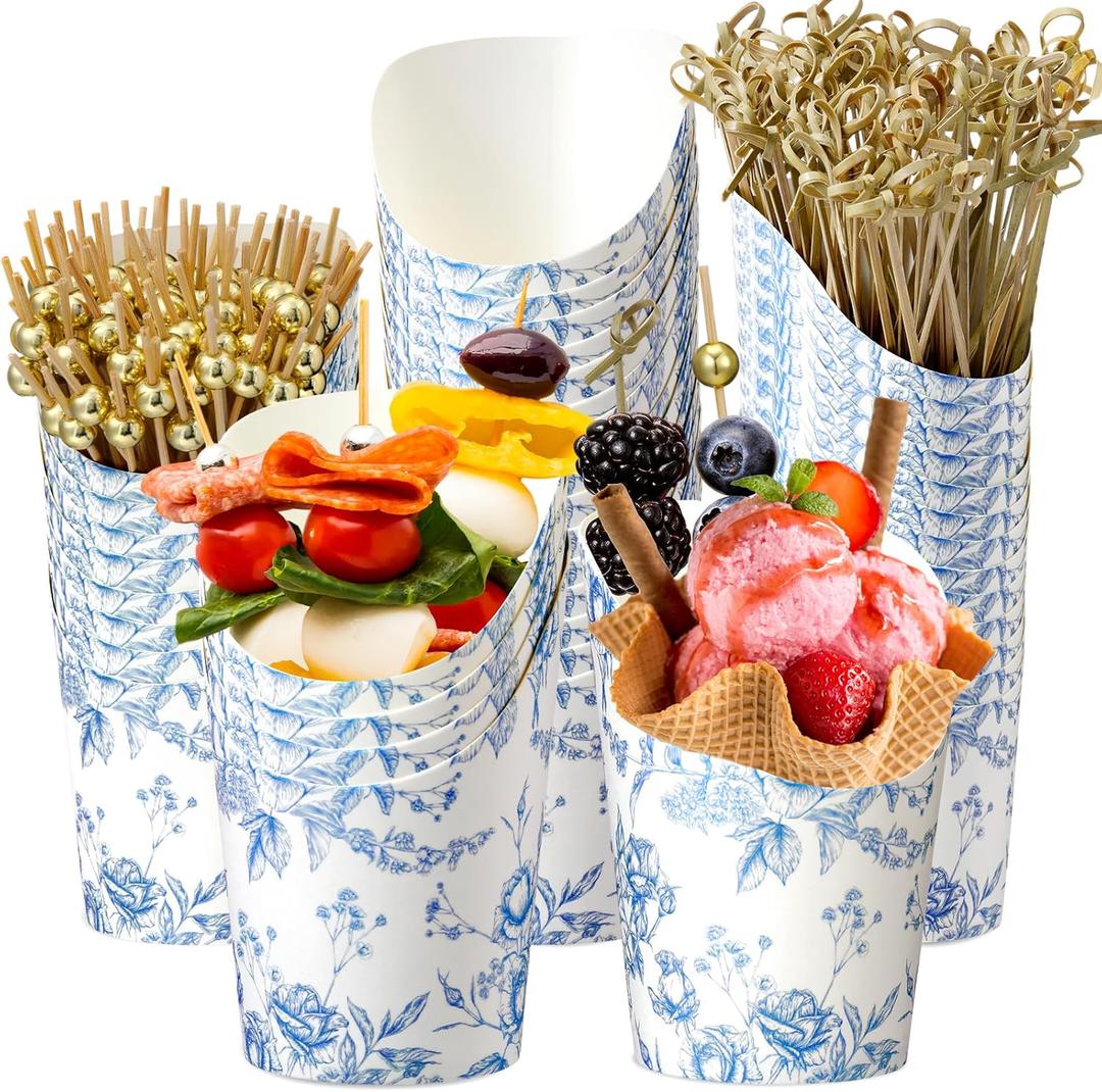 Tioncy 250 Pcs Charcuterie Cups with Cocktail Picks Sets, Bridal Shower Decoration 50 Charcuterie Cups with 200 Sticks for Wedding Baby Shower Floral Boho Witch Party Decorations(Blue,Flower)