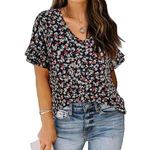TIYOMI Plus Size Tops for Women Ruffle Shirts Button Short Sleeve Summer V Neck Tunics XL-5XL (Black, XL)