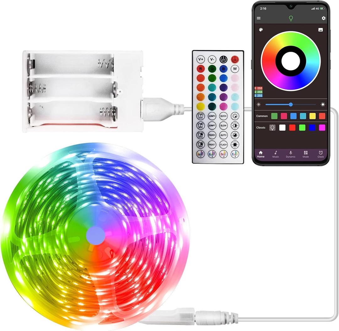 RUISHINE Battery Powered LED Strip Lights 25ft, Battery Operated LED Light Strip Color Changing Music Sync App Remote Control RGB USB Led Lights for TV, Room, Rope Lights