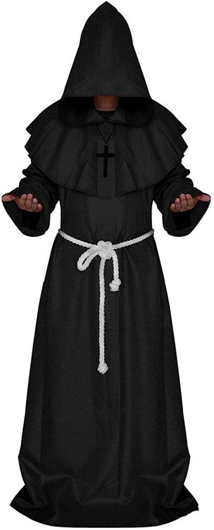 LHJ Friar Medieval Hooded Monk Renaissance Priest Robe Costume Cosplay (Medium, Black)