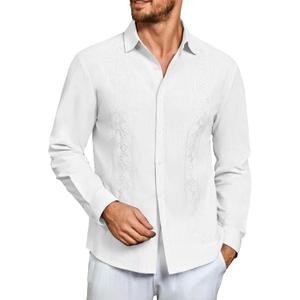 Makkrom Men's Casual Cotton Linen Button Down Shirts Cuban Guayabera Shirt Long Sleeve Summer Beach Tops (Medium, White)