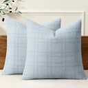 MIULEE Decorative Linen Check Throw Pillow Covers Neutral Farmhouse Vintage Pillow Covers 20x20 Set of 2 Boho Modern Home Decor for Sofa Couch Bedroom Cushion Coastal Blue