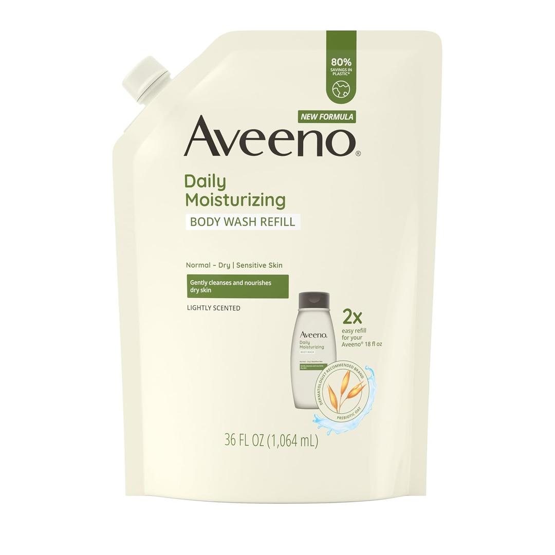Aveeno Daily Moisturizing Body Wash for Sensitive Skin + Prebiotic Oat, Gently Cleanses, Nourishes & Feels Moisturizing Dry Skin, Light Fragrance, Refill Pouch, 36 fl. oz
