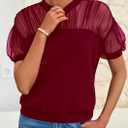 PRETTYGARDEN Women's 2025 Summer Crew Neck Short Sleeve Shirts Lace Going Out Sheer Mesh Crop Tops Dressy Casual Blouses (L)