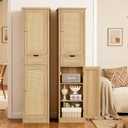 Iwell Tall Narrow Storage Cabinet with Doors, Rattan Cabinet with Adjustable Shelves, Freestanding Linen Storage for Living Room, Entryway, Kitchen, Bathroom, Natural, 11.8"D x 15.7"W x 67.1"H