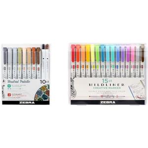 Zebra Pen Neutral Palette Set, Includes 8 Mildliner Highlighters and 2 ClickArt Markers & Mildliner Double Ended Highlighter Set, Broad and Fine Point Tips, Assorted Ink Colors