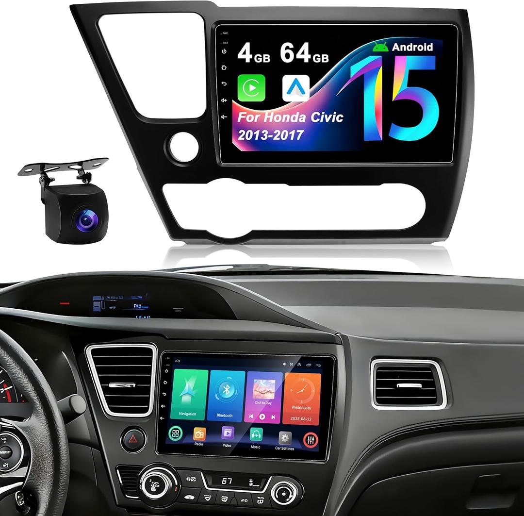 4G+64G Car Radio Stereo for Honda Civic 2013-2017: Upgrade Android 15 1280 * 720 Touchscreen Wireless CarPlay & Android Auto, Bluetooth 5.4, WiFi 6, GPS, FM, RDS, EQ, SWC, 1080P Backup Camera