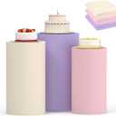 Cylinder Covers Set of 3, Cylinder Stand Covers for Parties,Round Pedestal Stand Covers for Cylinder Stands for Wedding Party Birthday Display(Cylinder Stands Not Included) (Pink Beige Purple, S+M+L)