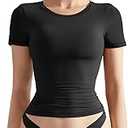SUUKSESS Women Double Lined Fitted Basic Tee Crew Neck Short Sleeve Y2K Crop Top (Jet Black, Medium)