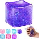 Ice Cube Squishy Fidget Toy, Slow Rise Squeeze Sensory Toy Stress Ball for Office Desk Anxiety Relief, Focus & Calm Novelty Gift for Teens - Purple Glitter
