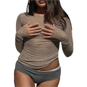 SOLY HUX Women's Plus Size Sparkly Rhinestone Sheer Mesh Tops Long Sleeve Ruched T Shirt Going Out Party Clubwear Solid Khaki XXLarge Plus