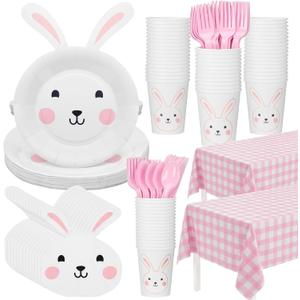 Qinyoung 147 Pcs Bunny Birthday Decorations Easter Tableware Party Supplies Some Bunny Is One Decorations Include Easter Party Plates Napkins Paper Cup Fork and Spoon Tablecloth, Serve 24 Guests