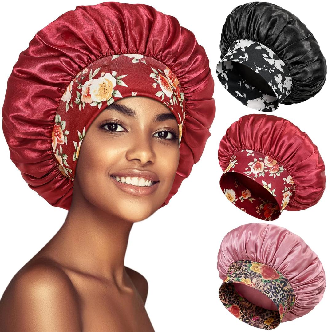 3 Pack Satin Bonnet Silk Hair Bonnet for Sleeping, Sleep Bonnets for Women Large Wide Soft Band Sleep Cap for Curly Hair Braids