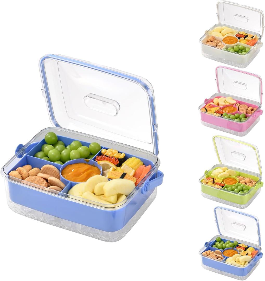 Fruit Ice Serving Tray, Chilled Veggie Tray, Shrimp Cocktail Serving Dish, Appetizer Serving Platter for Parties, Clear Party Platter with Lid and 4 Compartments Keeps Food Cool (Light Blue)