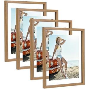 Trwcrt 4 Pack 8x10 Picture Frame, Double Glass Floating Picture Frames Display up to 10 x 12 Photos for Desktop or Wall Hanging,Natural