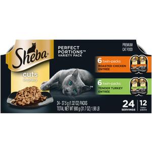 Sheba Perfect Portions Wet Cat Food Cuts in Gravy, Cat Food Wet Recipe, Roasted Chicken Entree and Turkey Entree, Variety Pack, Twin-Pack Trays (12 Count, 24 Servings), BB 02/24/28