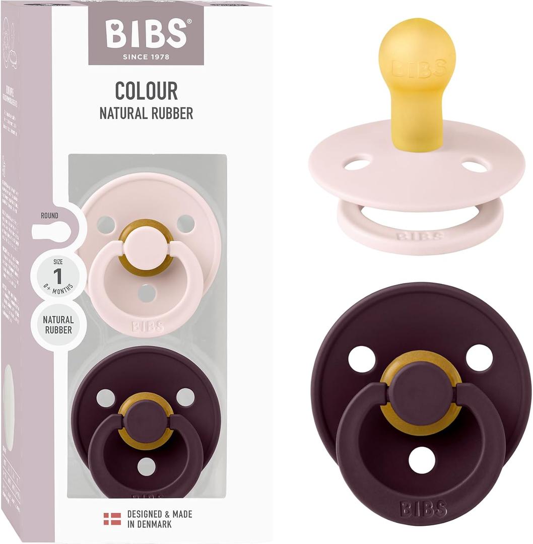 Bibs Pacifiers Color Collection, Set of 2 BPA-Free Latex Pacifiers Made in Europe, Round Nipple Baby Pacifier. (0+ Month (Pack of 2), Petal / Plum)
