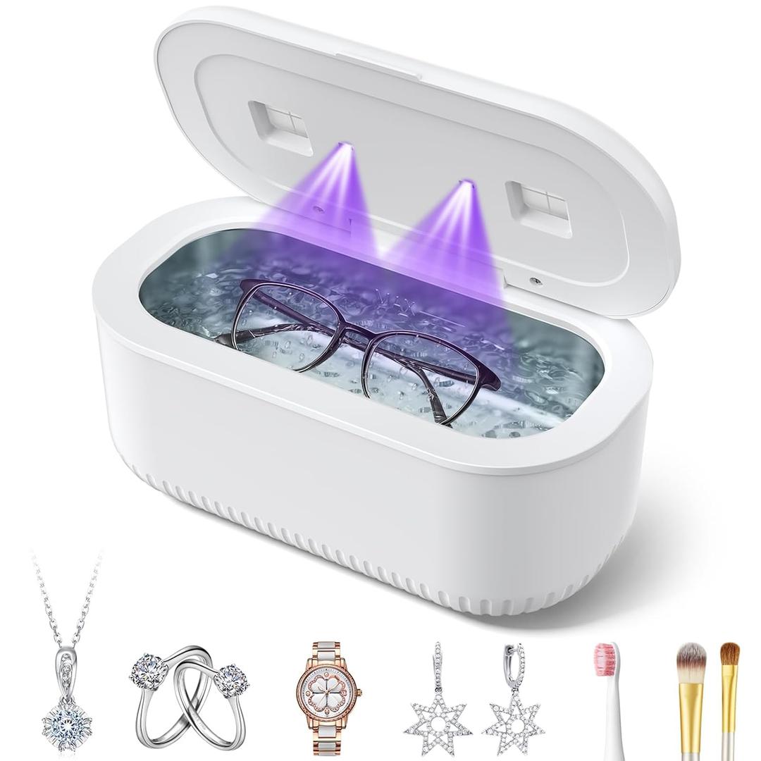 48Khz Ultrasonic Jewelry Cleaner, 30W Ultrasonic Cleaner with UV Lights and Dual Brush Ports, 3Modes Jewelry Cleaner Ultrasonic Machine with Digital Timer, 12OZ for Eyeglasse, Denture, Jewelry Cleaner