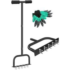 DUCHIFAD Lawn Aerator Spike, Manual Aerator Metal for Compacted Soils and Lawns with Dethatching Rake & 15 Iron Spikes Pre-Assembled Grass Aerator Tools for Yard Lawn Aeration Garden Tool