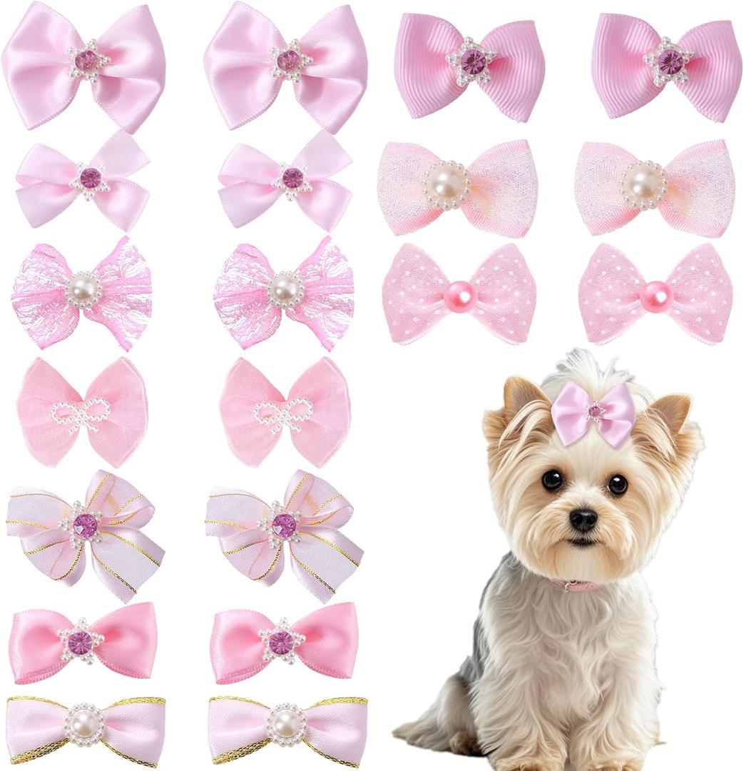 20 PCS Cute Dog Hair Bows with Rubber Bands Elastic Handmade Mix Style Lace Rhinestone Pearls for Furry Puppy Cat Pet Girl Pink