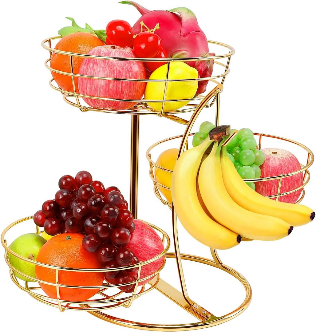 Livabber Fruit Basket Bowl with Banana Hanger, Fruit Vegetable Storage Basket with Banana Tree Holder for Kitchen Counter, Detachable Organizer for Bread Snack Produce (Gold, 3-Tier Metal Base)