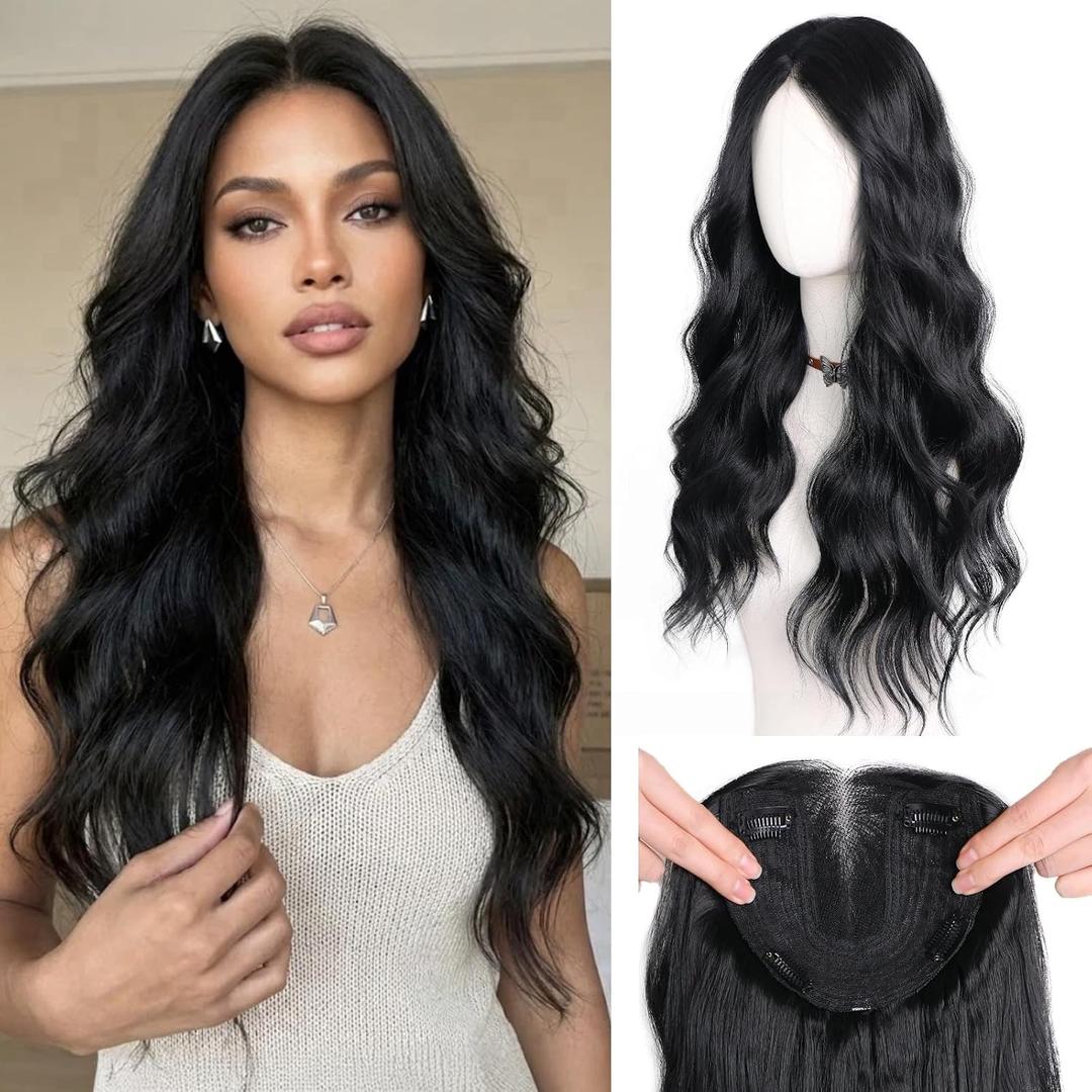 Hair Topper 24 Inch Long Wavy Toppers Hair Pieces for Women Thinning Hairs Lace Hand-Tied Hairline Synthetic Heat Resistant Clip in Hairpieces 6"x6"Large Base for Daily Use Balck 3D 360