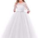 Lace Tulle Flower Girl Dress for Wedding Kids Applique Long Sleeve Pageant Dress Bowknot Princess Prom Ball Gowns 13-14Y