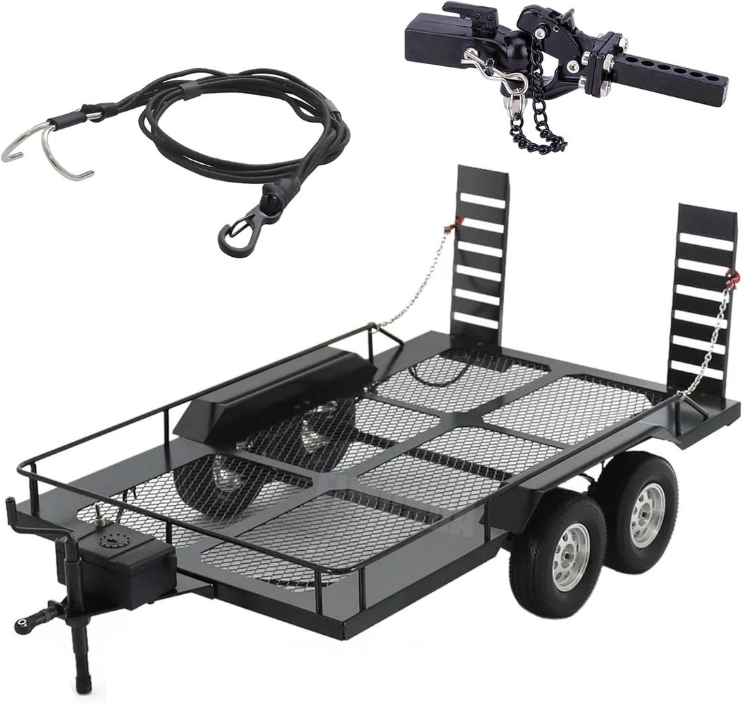 1/10 RC Trailer with Hitch Mount Receiver & Hauling Ropes for Crawler Cars Axial SCX10 D90 Wrangler TRX4 TRX6 Redcat GEN8