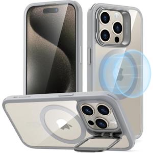 ESR for iPhone 15 Pro Case, Compatible with MagSafe, Military-Grade Protective Case, Built-in Stash Stand Phone Case, Scratch-Resistant Back Cover, Classic Series, Clear Grey