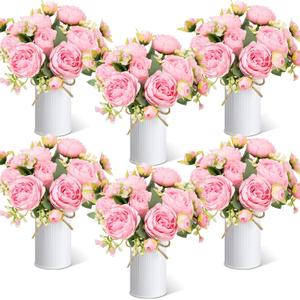 6 Sets Artificial Peonies Flower Peony Bouquet with Galvanized Metal Pot Silk Fake Peonies Faux Flower Arrangements for Wedding Table Centerpiece Party Home Room (Pink)
