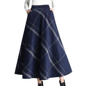 Tanming Women's Winter Warm Elastic Waist Wool Plaid A-Line Pleated Long Skirt