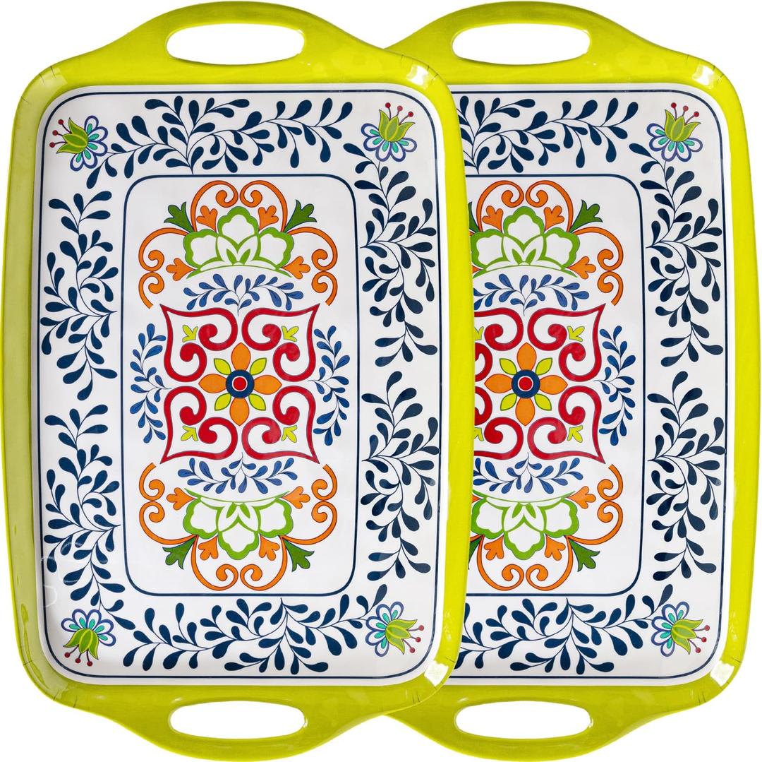 Large Serving Platter with Handles, 19x12 Large Rectangular Melamine Serving Tray Set of 2, Kitchen Food and BBQ Serving Platter, Talavera Grilling Prep and Serve Tray, Dishwasher Safe