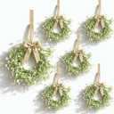 6 Pcs Mini Baby Breath Hanging Wreaths Gypsophila Candle Rings Pillar Holder Wreath Artificial Flower Spring Summer Floral Wreath for Wedding Farmhouse Porch Cabinets Table Decoration
