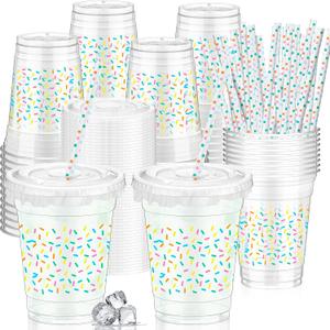 Domensi 50 Pcs Sprinkle Baby Shower Plastic Cup 12 oz Rainbow Confetti Sprinkle Thick Clear Cup Baby Shower Birthday Table Decorations Candy Color Party Supplies It's a Boy Girl