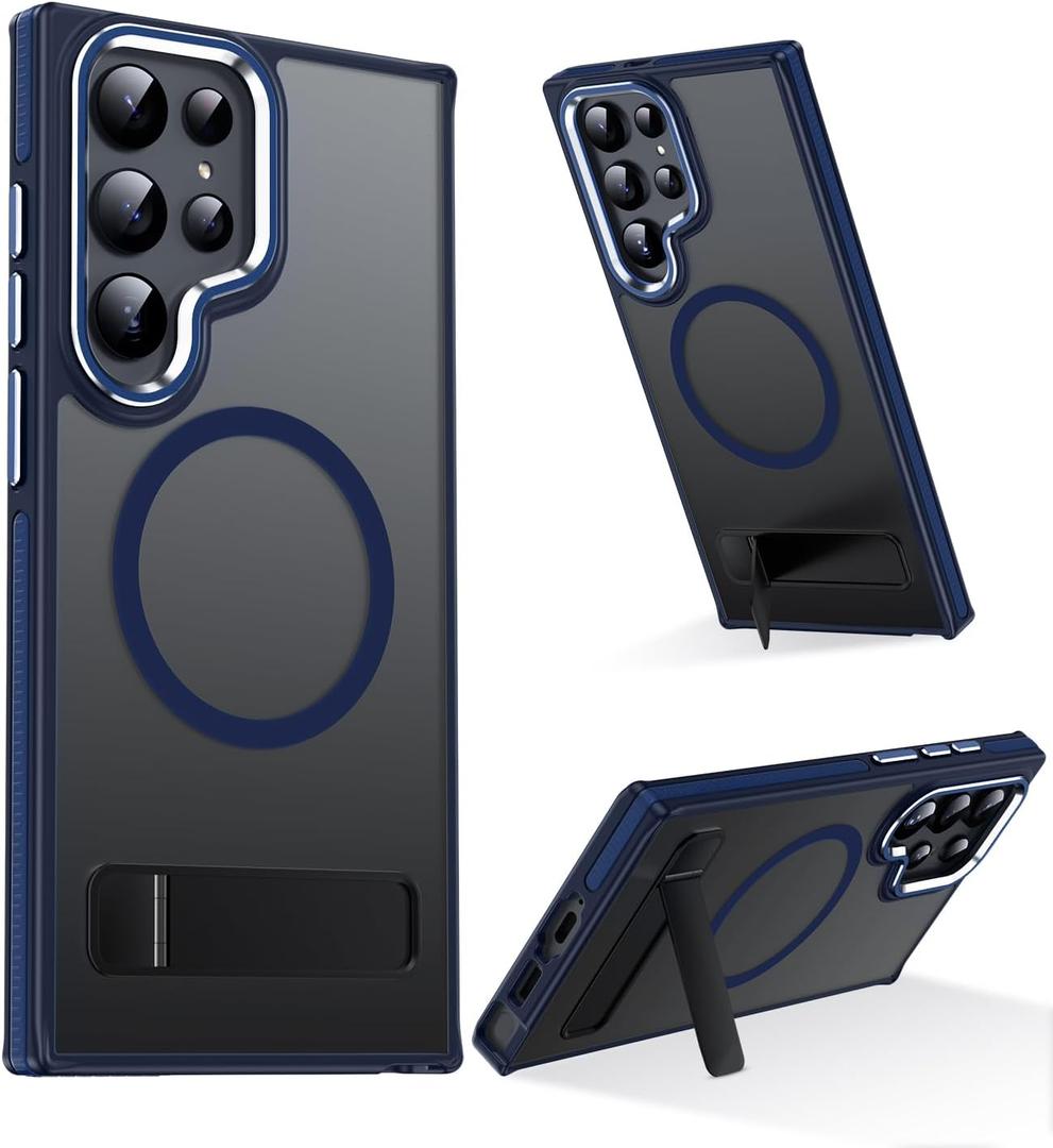 MAKAVO Magnetic for Samsung Galaxy S22 Ultra Case with Stand, Compatible with MagSafe, Slim Translucent Matte Non-Slip Military-Grade Drop Protection Phone Cover, Blue