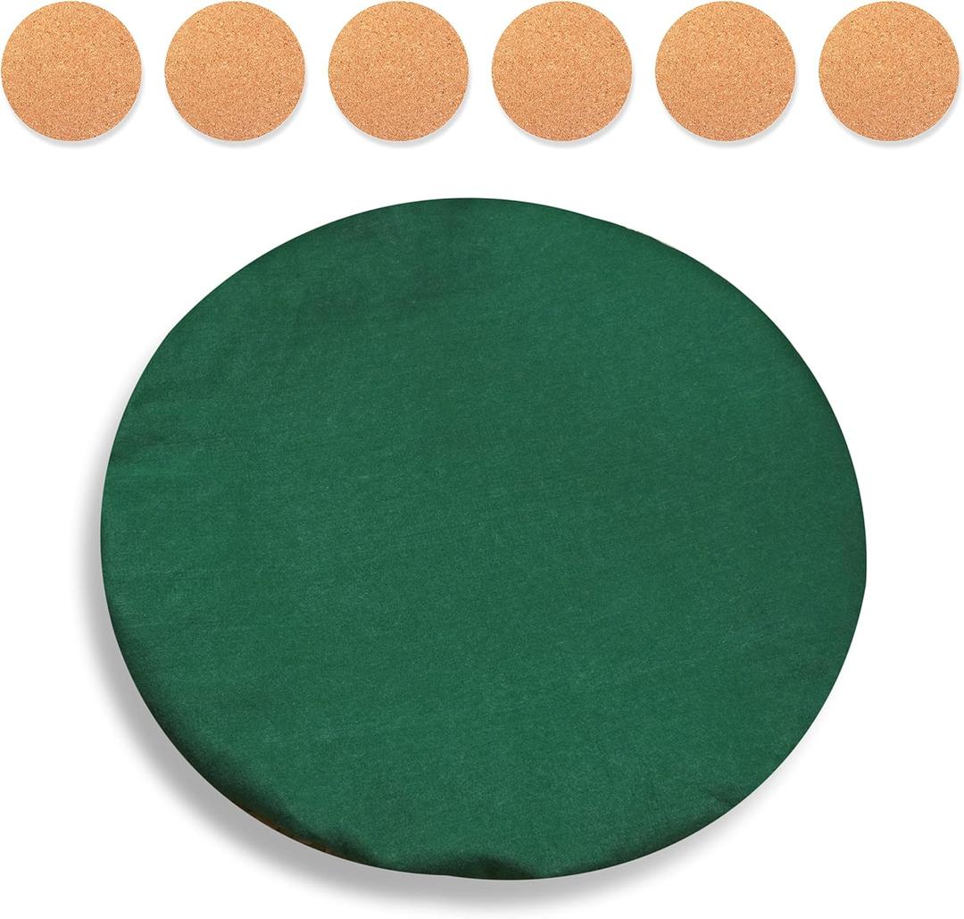 Katai Poker Table Cover - Green Felt Casino Style for Game Night, Poker, Mahjong, Board Games, Round Table Top, 36-45 Inch, Noise Reducing, Slip Prevention, Smooth Fabric, Includes 6 Cork Coasters