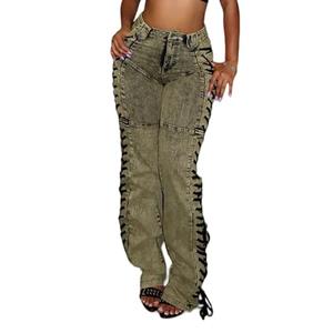 Women Straight Leg Jeans Casual Y2k High Waisted Lace UP Split Hem Jeans Slim Fit Trendy Denim Pants Green, M