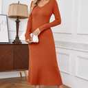 Arach&Cloz 2025 Spring Womens V Neck Long Sleeve Fishtail Sweater Dress Ribbed Knit Slim Fit Bodycon Midi Dress (Orange)