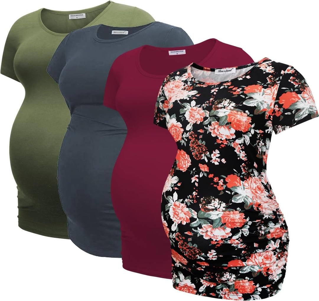 Bearsland 4 Pack Women's Maternity Shirts Crew Neck Maternity Top Short Sleeve Side Ruched Pregnancy Clothes (XL)