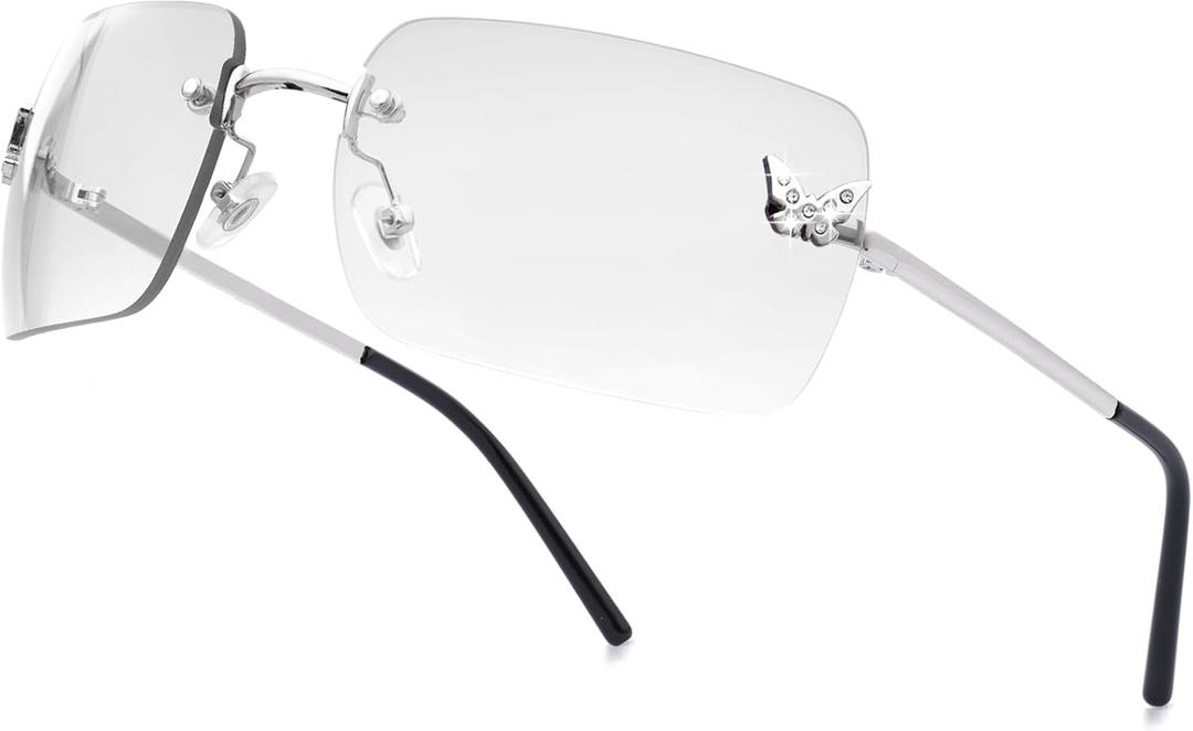 Knliwkm Rimless Rectangle Y2k Sunglasses for Women Men Cute Small Clear Frameless Tinted Lens 2000S Fashion Shades Butterfly (Silver, Transparent)