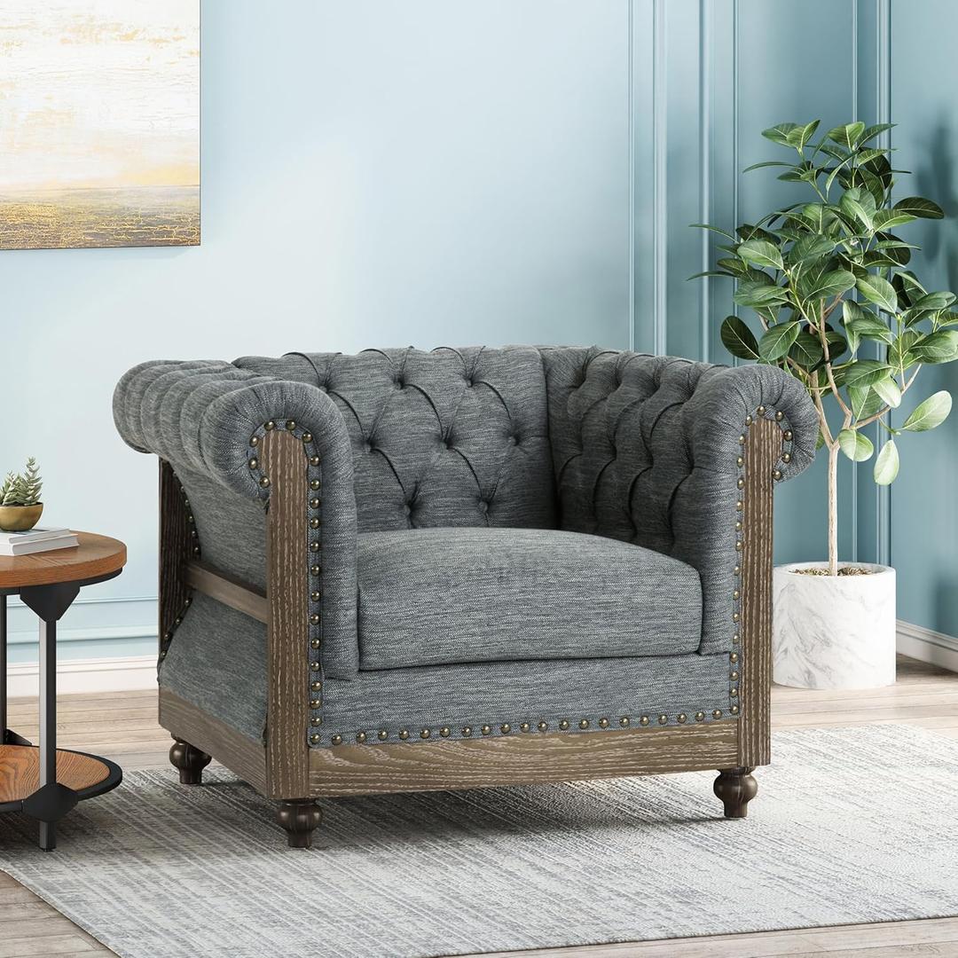 Accent Chair, Chesterfield Inspired Club Chair in Charcoal Fabric, Deep Button Tufting, Scrolled Tuxedo Arms, Birch Wood Legs, Ideal for Living Room Decor. Animal fur. There is a Dent.