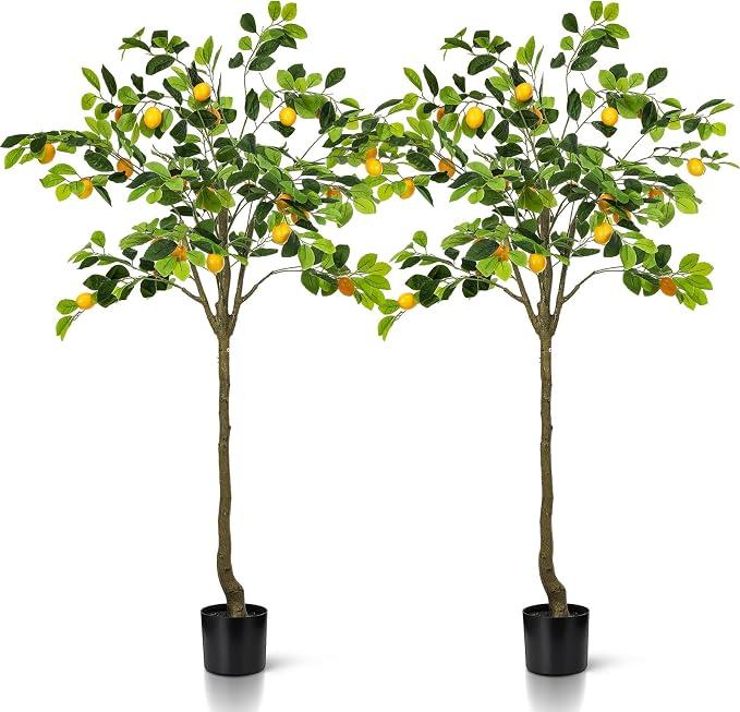 Jexine 2 Pack Artificial Lemon Tree 5 ft Tall Fake Plant Pre Potted Faux Lemon Tree Realistic Fruits for Indoor Home Decor Office Living Room
