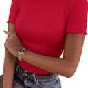 PRETTYGARDEN Short Sleeve T Shirts for Women Summer Clothes 2026 Casual Spring Tops Ruffle Mock Neck Ribbed Fitted Basic Tees (Red, Large)
