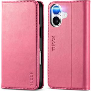 TUCCH Case Wallet for iPhone 16, [3 Card Slots] Kickstand PU Leather [RFID Blocking] Case, Flip Folio Cover with [TPU Shockproof Interior Shell] Compatible with iPhone 16 2024, Hot Pink