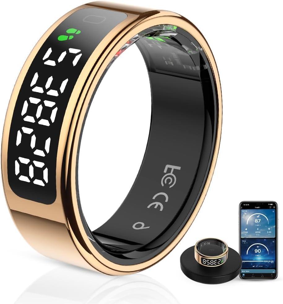 Unisex Smart Ring with LED Display, Touch Controls, and Charging Case - Tracks Activity, Sleep, Heart Rate, and Blood Oxygen, IP68 Waterproof (Gold, #9)