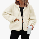 ReachMe Womens Sherpa Jacket Casual Lapel Button Down Cropped Fuzzy Fleece Jackets Long Sleeve Winter Coats with Pockets L Beige