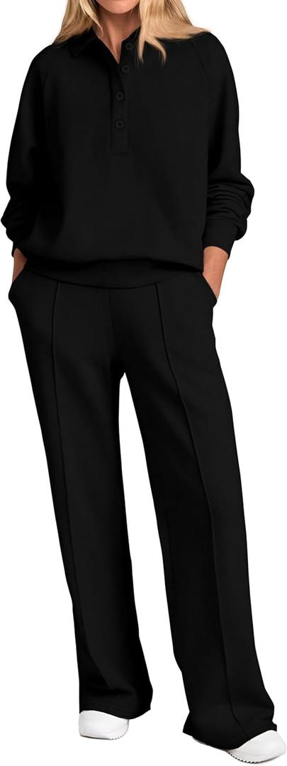 PRETTYGARDEN Women Fall 2 Piece Outfits Sweatsuits Quarter Button Long Sleeve Sweatshirt Wide Leg Pants Tracksuit Lounge Sets (Black, XXL)