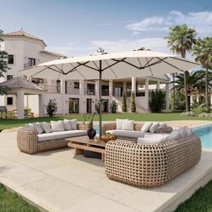 15FT Double Sided Patio Umbrella with Base Included Large Outdoor Market Umbrella with Crank Handle, UV Resistant Canopy, Sturdy Frame for Garden, Poolside, Deck, Beige