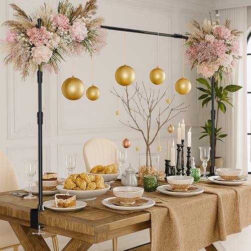 EMART Telescopic Over The Table Top Rod Stand with Clamps 70'' Tall 94" Length Adjustable Overhead Decor Arch Bar, Tabletop Decoration Pole for Hanging Balloon Flower Garland Display Banner Backdroop