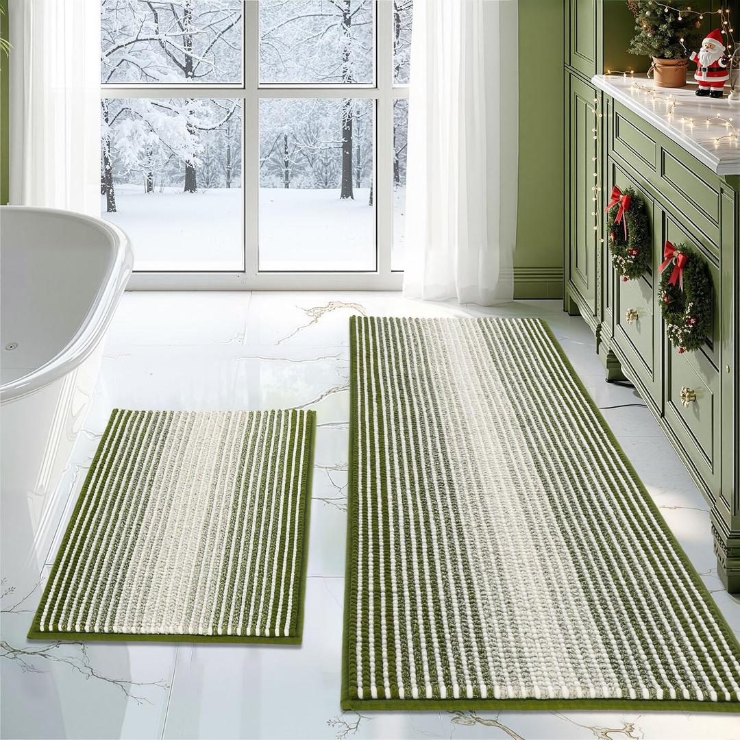 BSICPRO Bathroom Rugs and Mats Sets, 2 Piece Thick Absorbent Chenille Bath Mat Rug Set Non Slip, Soft Shaggy Bath Room Floor Mats for Bathroom, Machine Washable (Sage, 20" x 47" Plus 16" x 24")